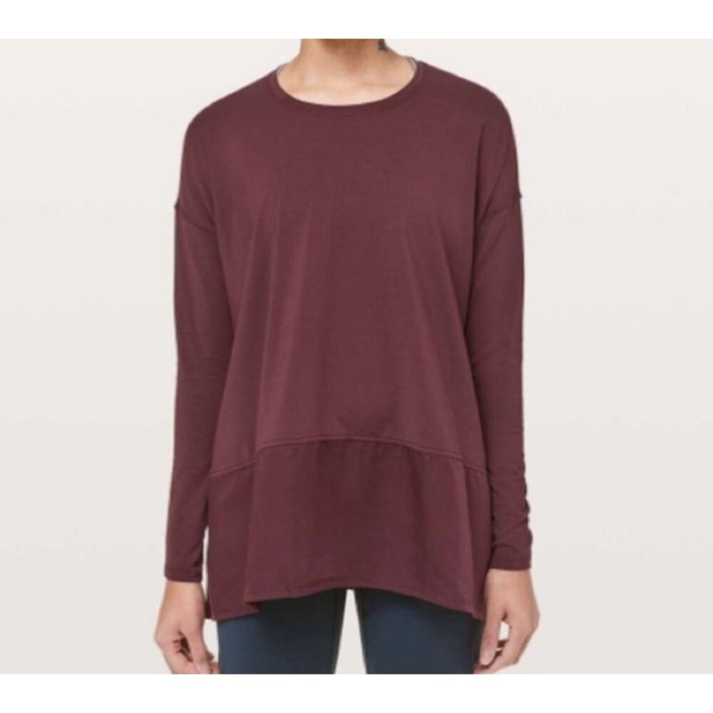 NWT Lou & Grey Womens Long‎ Sleeve Blouse Pullover Medium Burgundy Sheer Hem